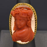 Antique JSG Signed 18K Yellow Gold Red Coral Cameo Cocktail Ring 17.4 Grams