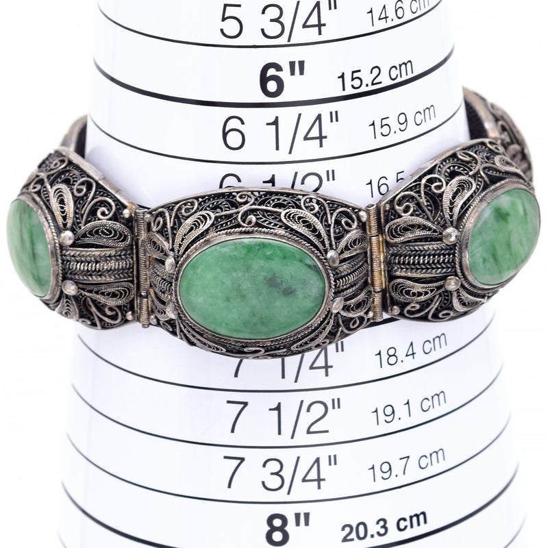 Vintage Chinese Silver Green Jade Filigree Bracelet 47.2 Grams