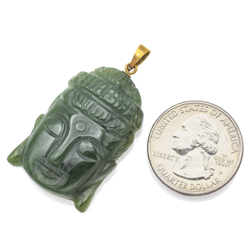 Vintage 18K Yellow Gold Green Jade Carved Buddha Pendant