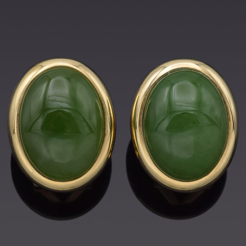 GUMP'S 14K Yellow Gold 17.10TCW Green Jade Oval Cabochon Omega-Back Earrings Box