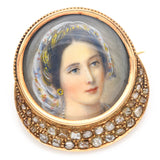 Antique 14K Yellow Gold 1.45 TCW Mine Cut Diamond Portrait Brooch Pin