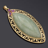 Vintage 14K Yellow Gold 21.57 Ct Green Jade & Ruby Large Marquise Pendant