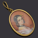 Antique MC Signed 18K Yellow Gold Oval Portrait Pendant 26.7 x 18.8 mm